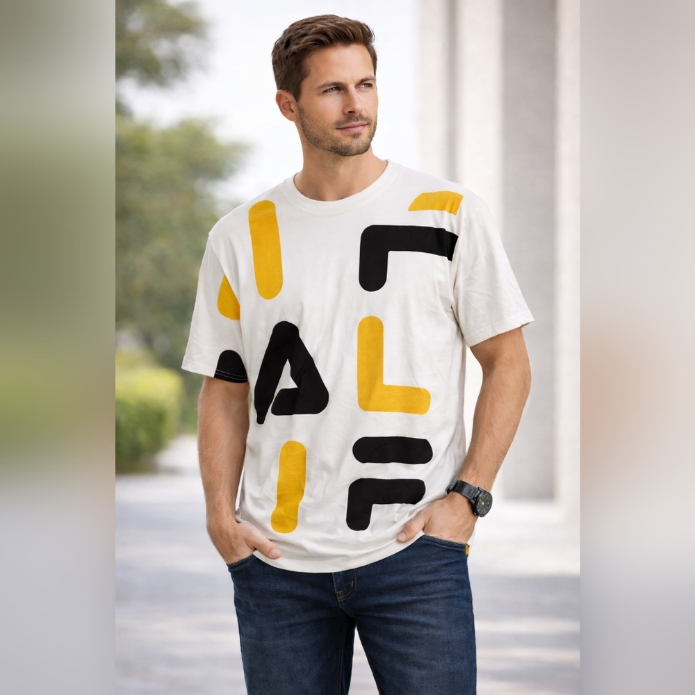 FILA Bold Graphic Logo T-Shirt – White / Yellow / Black – Men’s L